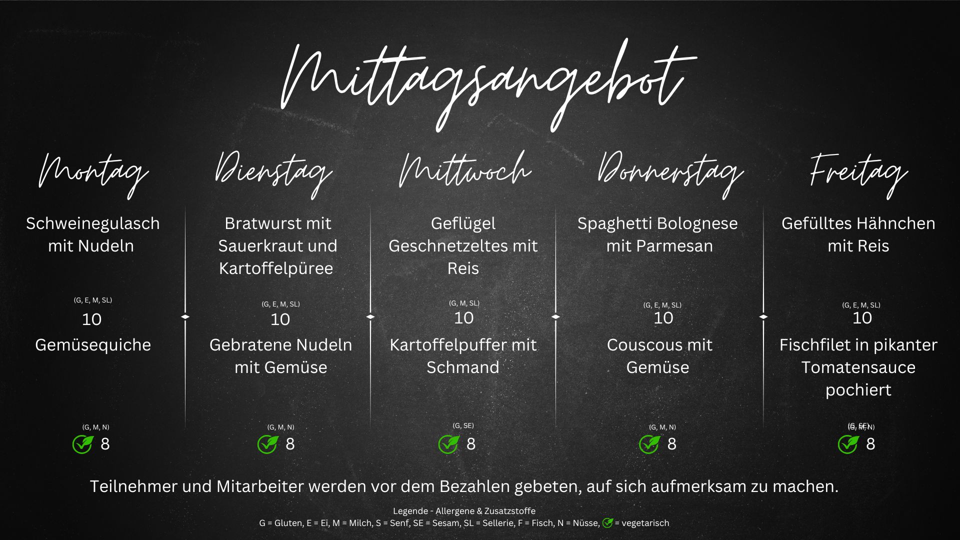 Wochenmenü der Eclipse Kantine vom 1. bis 5. September 2025 mit Fleisch- und vegetarischen Gerichten