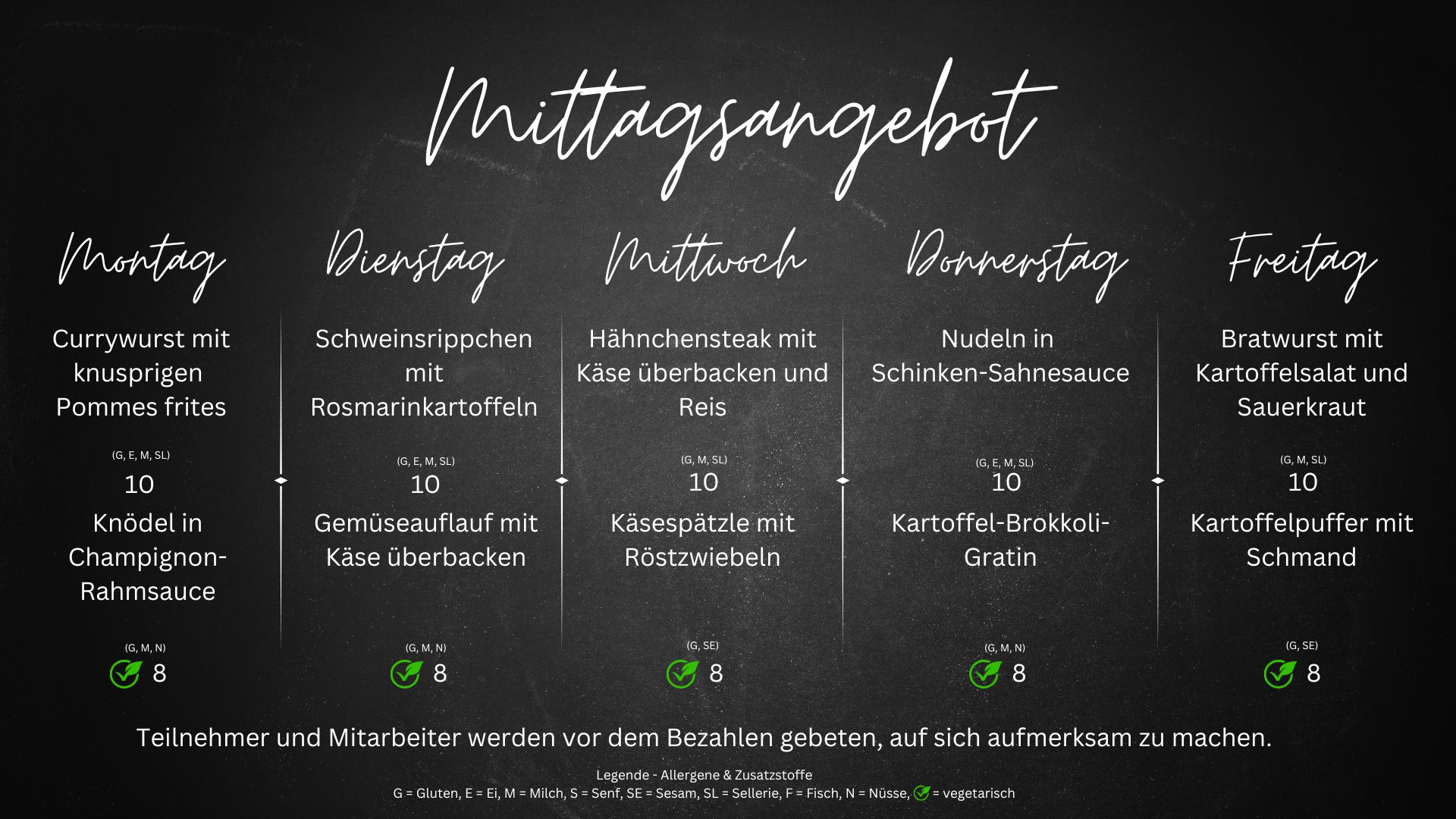 Wochenmenü der Eclipse Kantine vom 3. bis 7. November 2025 mit täglich frischen Fleisch- und vegetarischen Gerichten in München