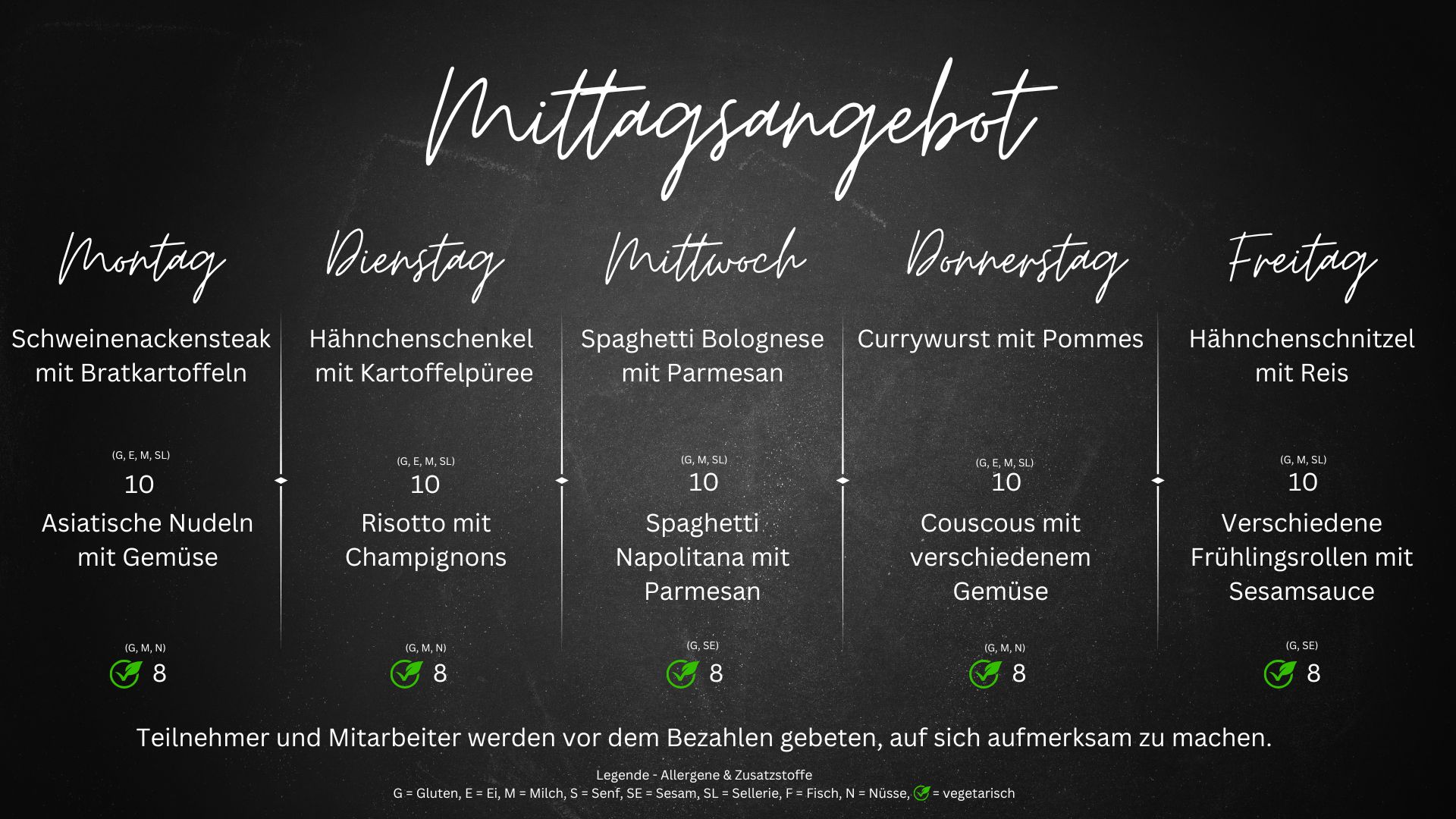 Wochenmenü der Eclipse Kantine KW 6 2026 mit Fleisch- und vegetarischen Mittagsgerichten in München